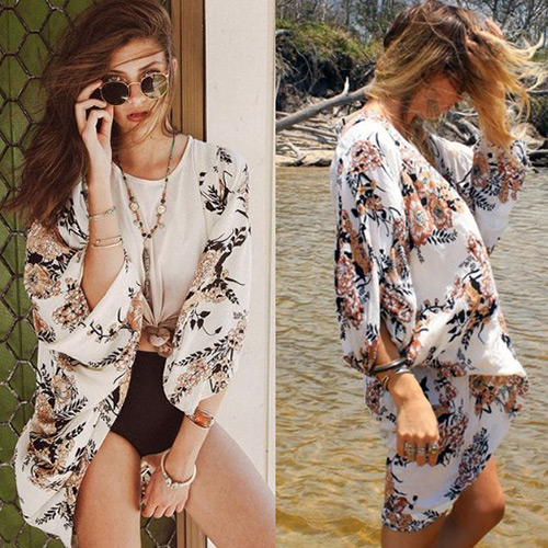 F4557 Summer Women Vintage Floral Loose Shawl Cardigan Boho Tops Jacket Blouse